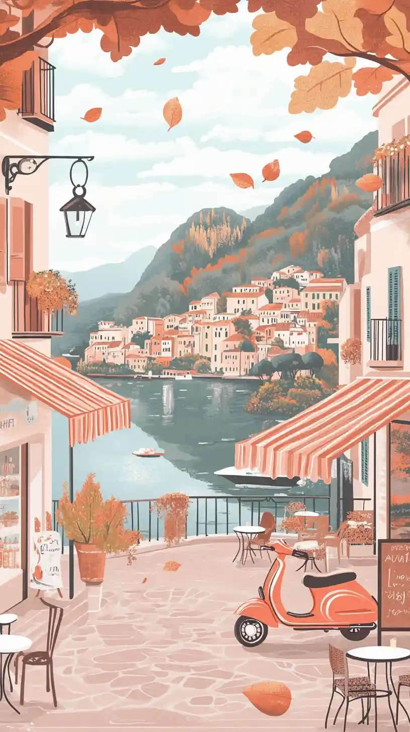 A cozy lakeside Italian café beside a smiling scooter in autumn