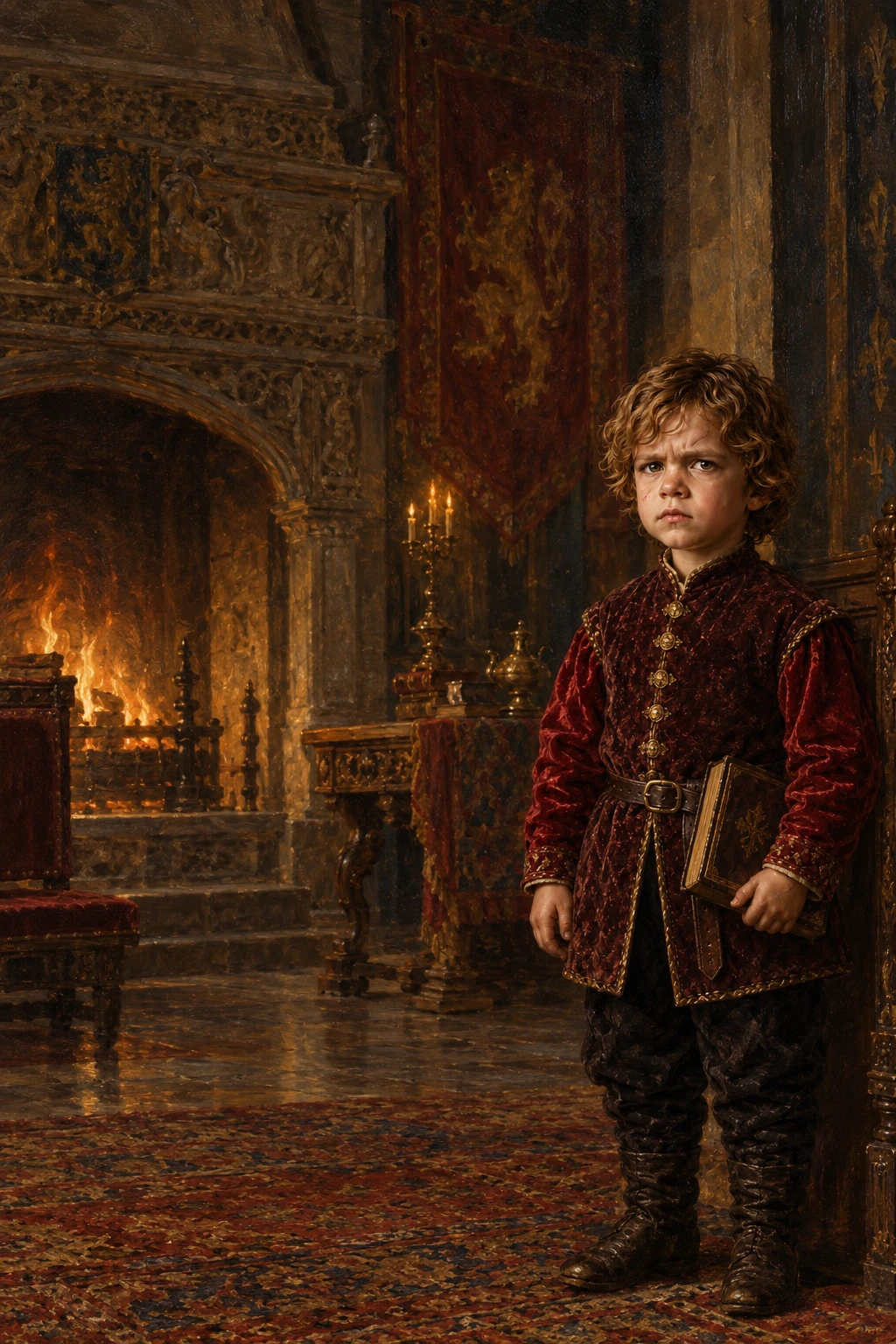 Ritratto di un ragazzo con un libro in un castello medievale