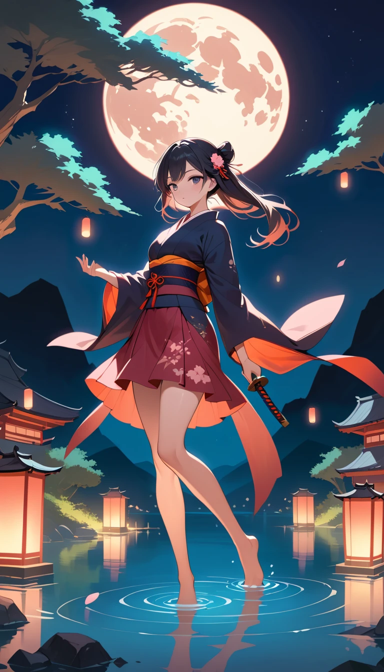 Uma mulher de anime empunha uma katana à beira de um lago japonês sob o luar