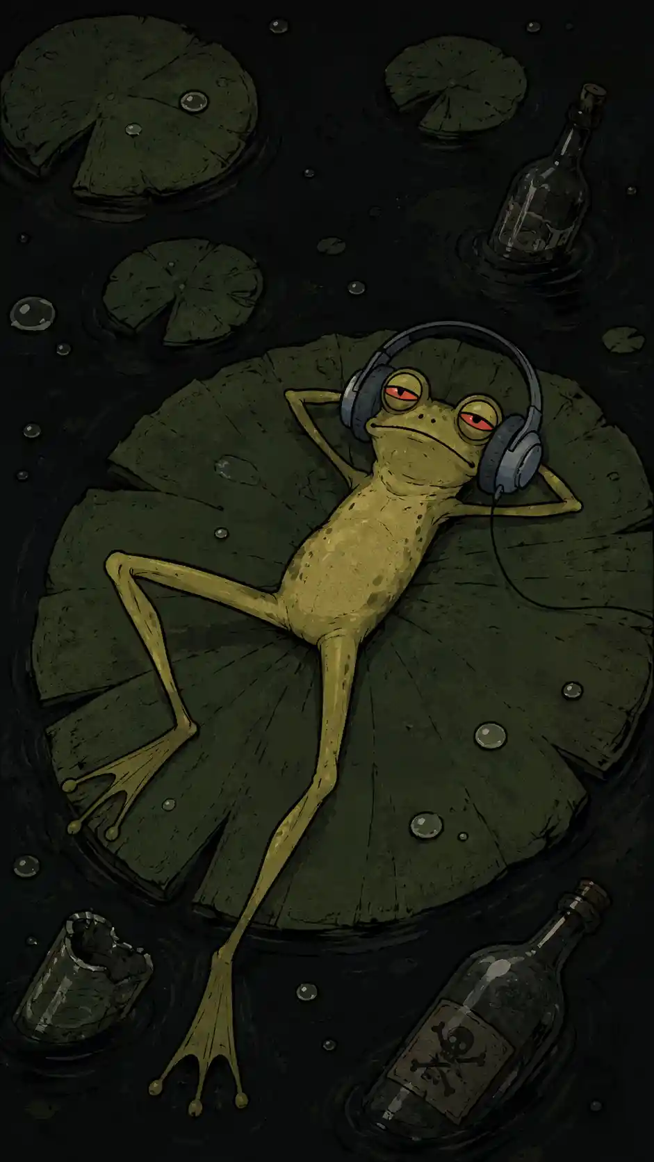 A Frog Reclines On A Lily Pad Wearing Oversized Headphones