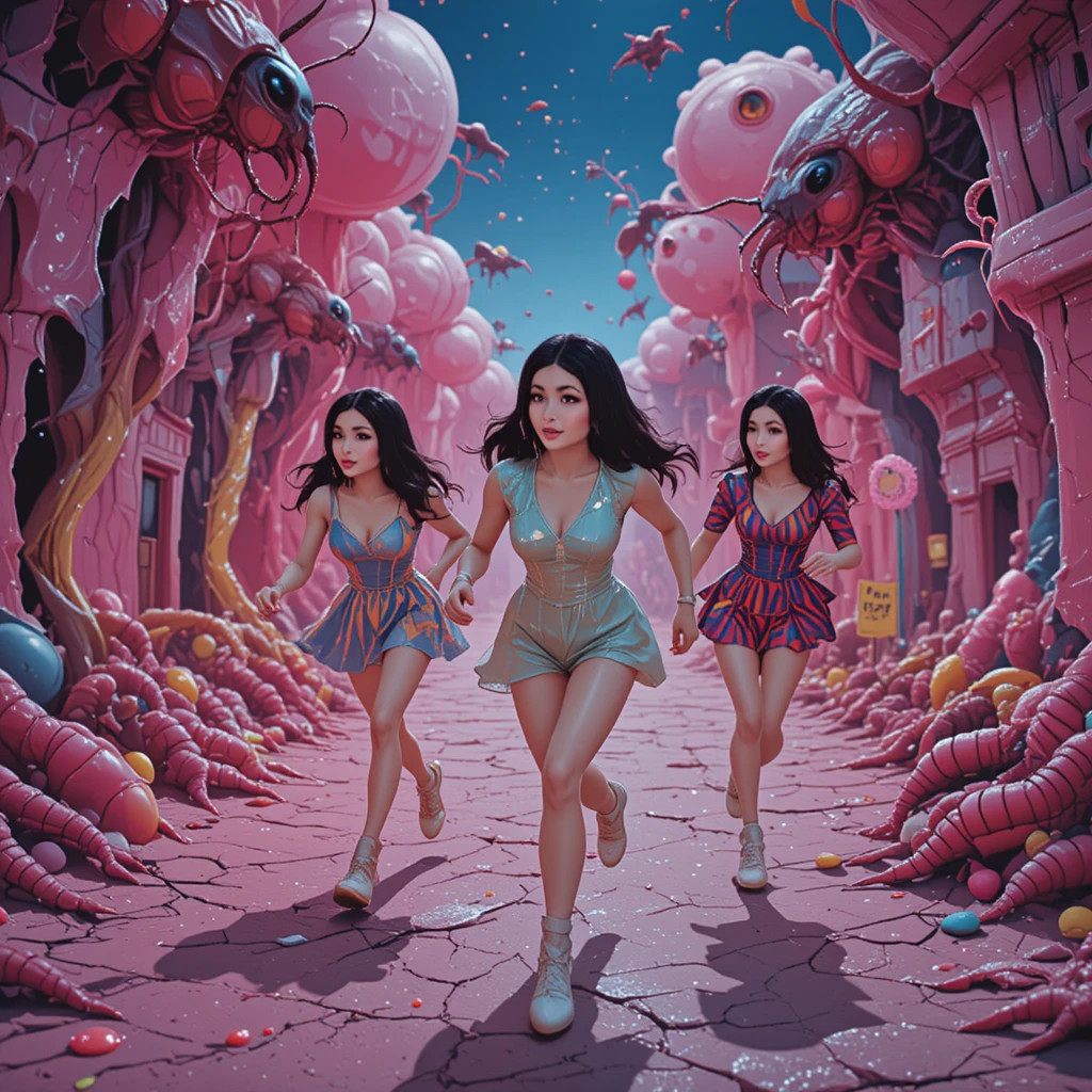Três mulheres fogem por um mundo surreal em cores de doces