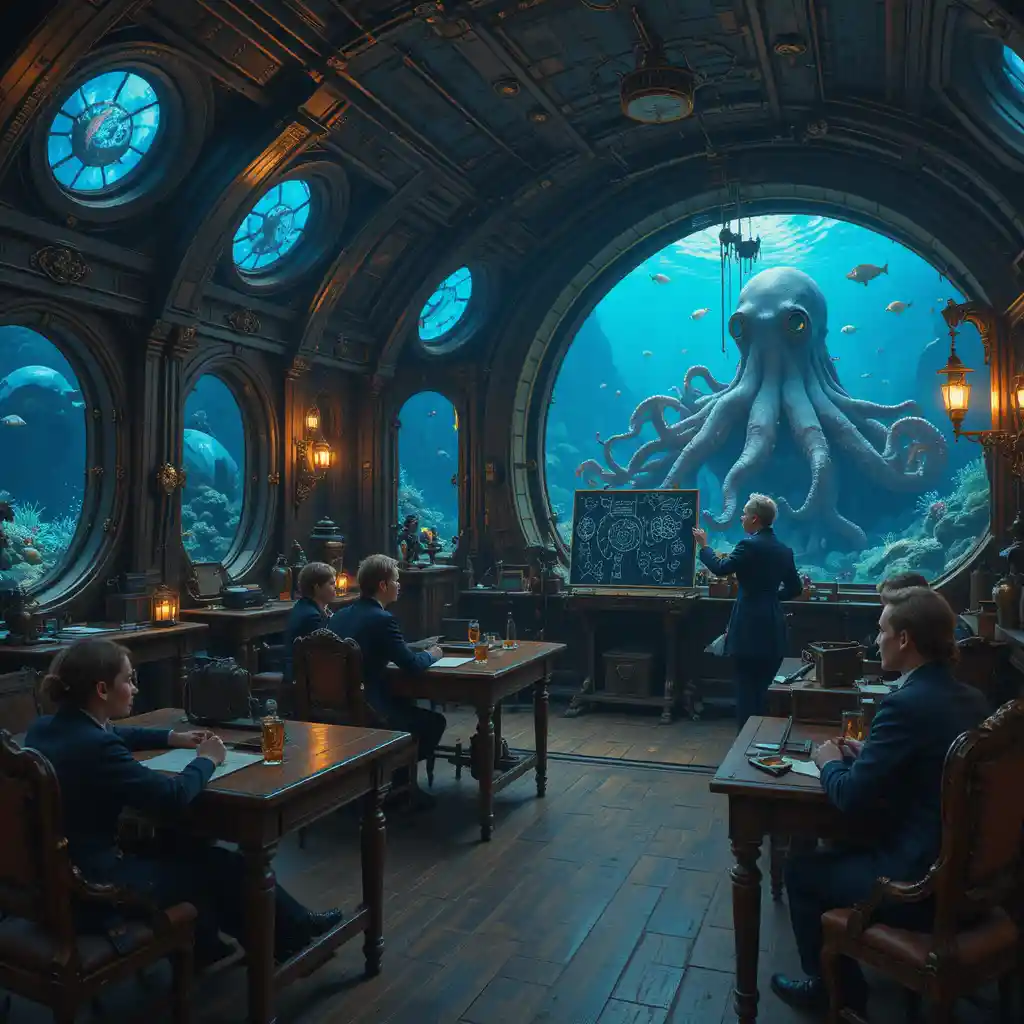 Uma sala de aula vitoriana sob o mar em uma estação de pesquisa subaquática