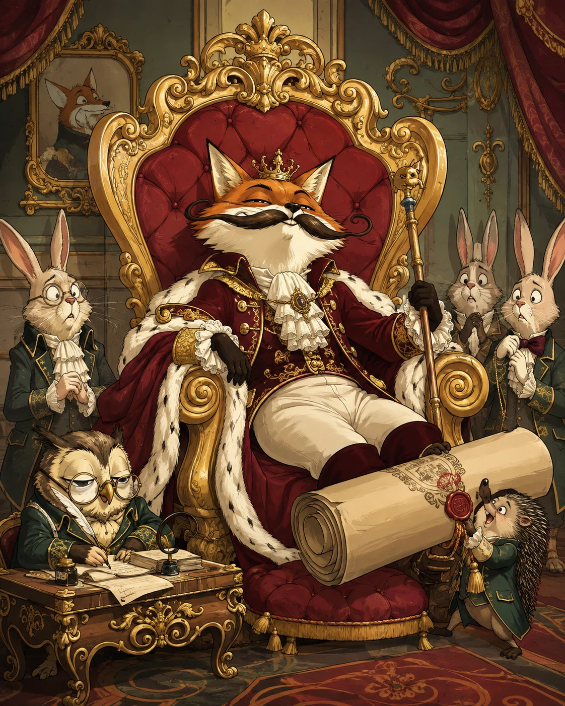 Um orgulhoso rei raposa reina num trono dourado gigantesco
