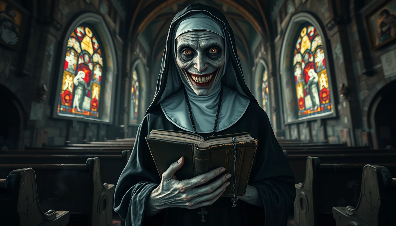 Una suora sinistra custodisce un antico libro di preghiere in una chiesa in rovina