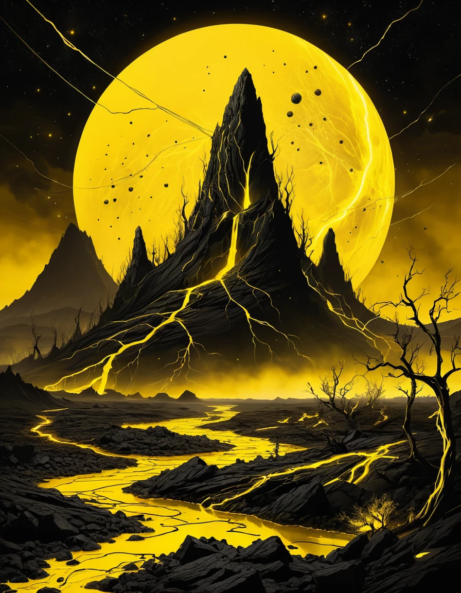 Meteoritos caem sobre montanhas cobertas de lava sob um céu amarelo-escuro