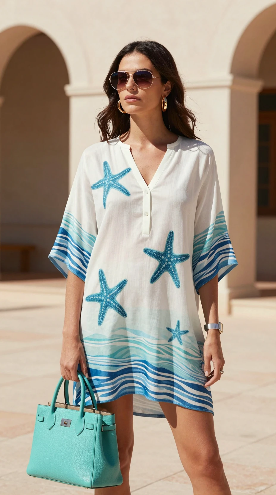 Mulher elegante veste túnica com estampa de estrelas-do-mar diante da arquitetura da Riviera