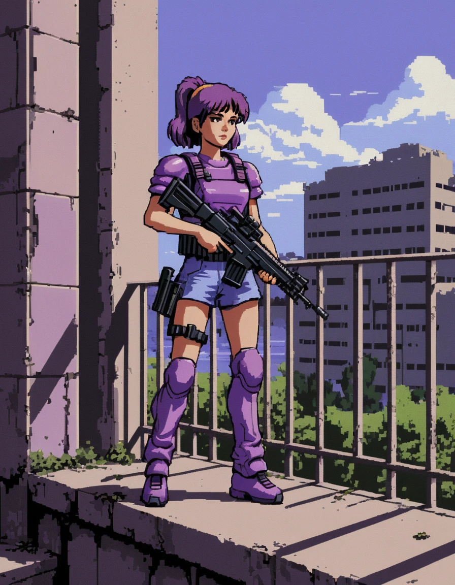 Carta de pixel art brilhante mostra uma garota com um fuzil de assalto numa varanda