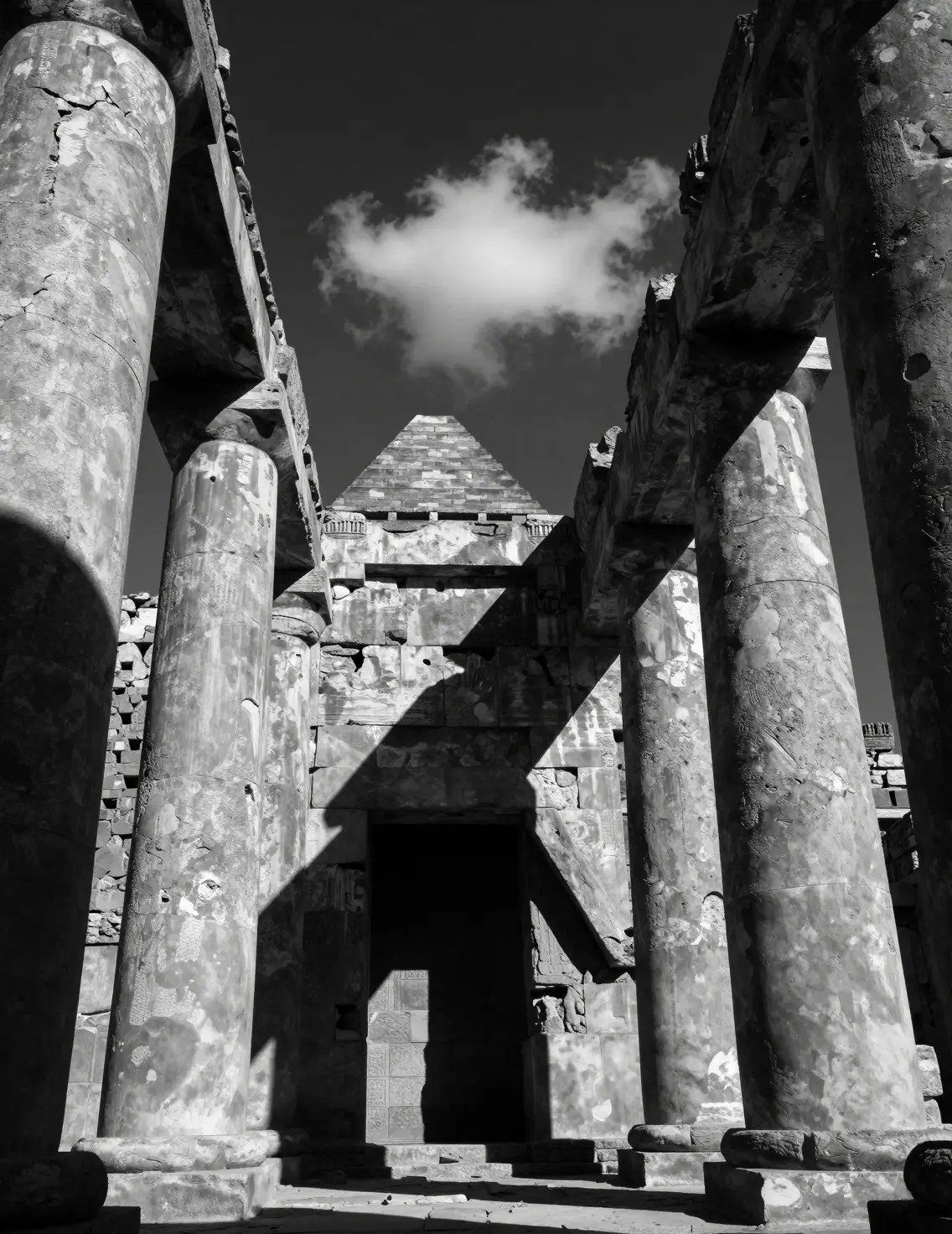 Ancient stone columns rise beneath a brooding sky in monochrome
