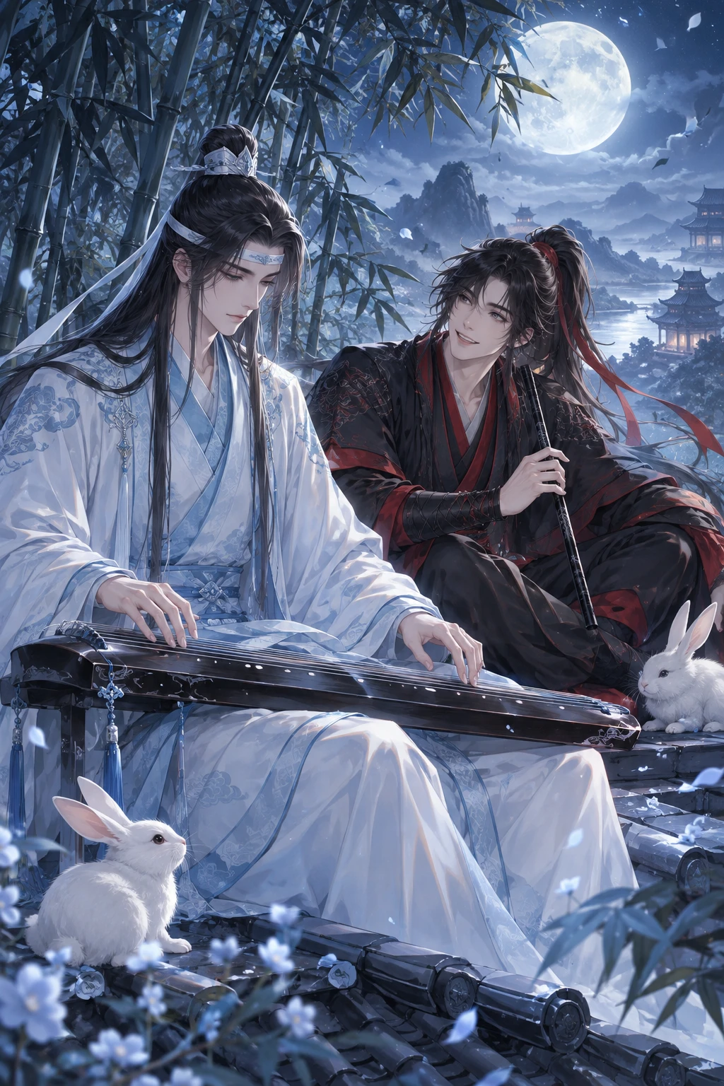 A robed musician plays guqin beneath the moon on a rooftop