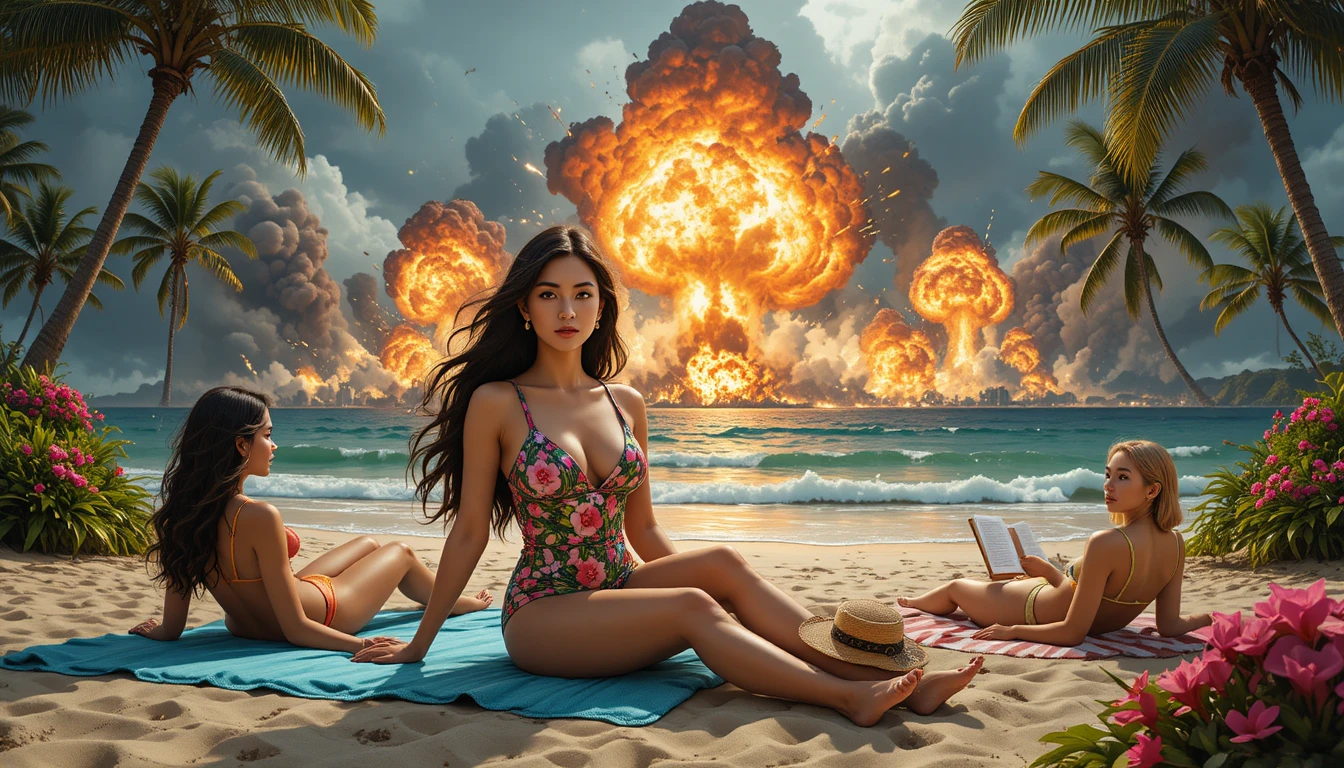 A serene woman sits on a beach in a floral swimsuit