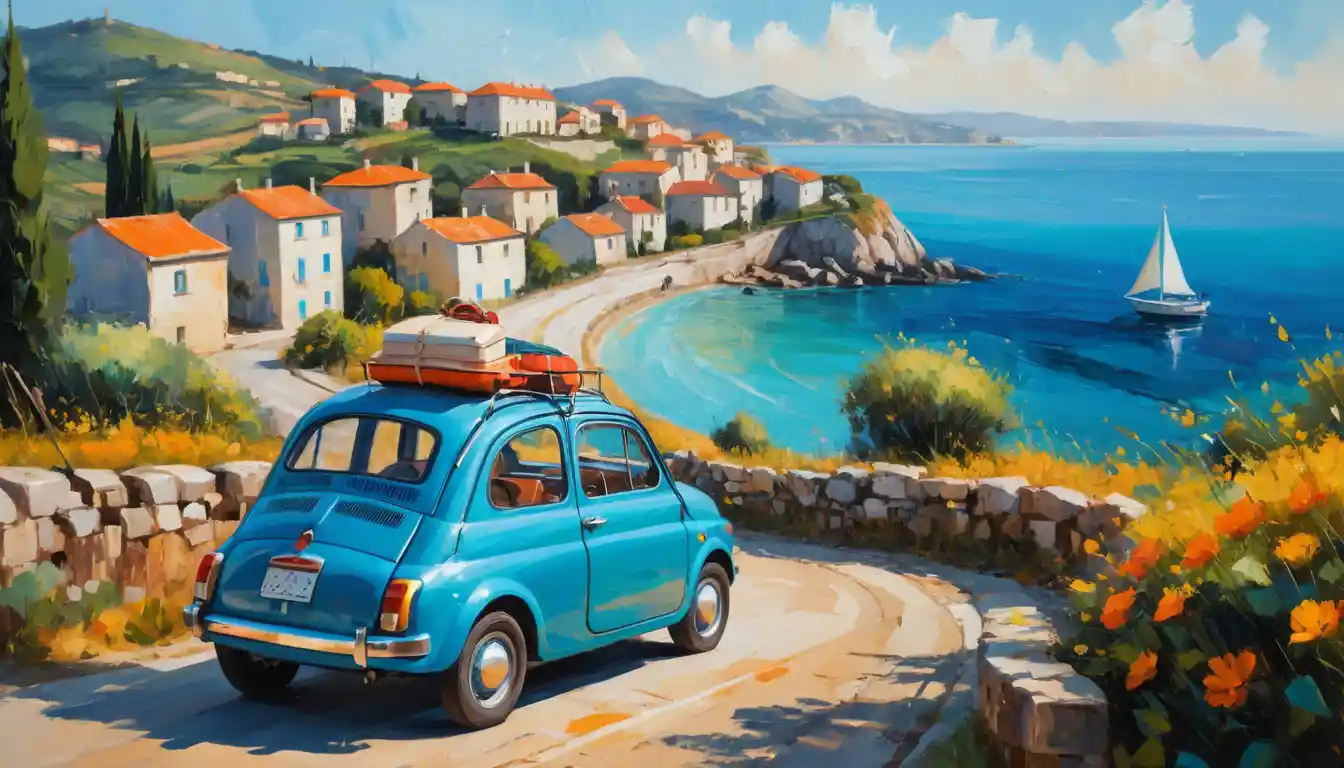 Um Fiat vintage percorre uma estrada costeira sinuosa