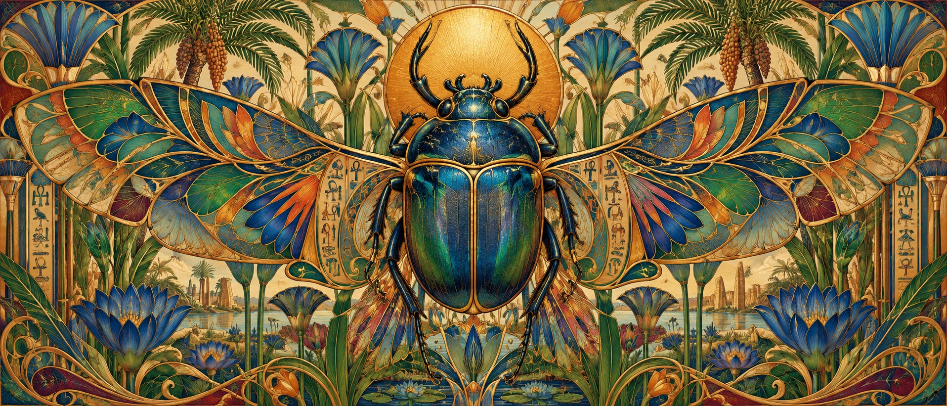 A sacred Egyptian scarab displays its elaborate wings in symmetrical splendor
