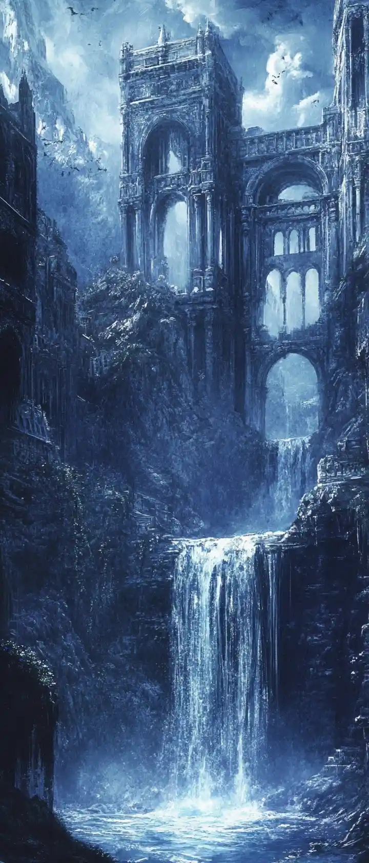 A waterfall flows through gothic ruins in a mysterious watercolor scene