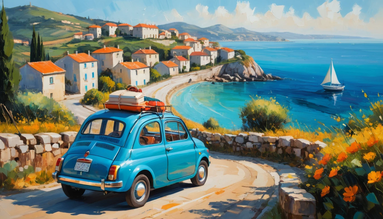 Um Fiat vintage percorre uma estrada costeira sinuosa