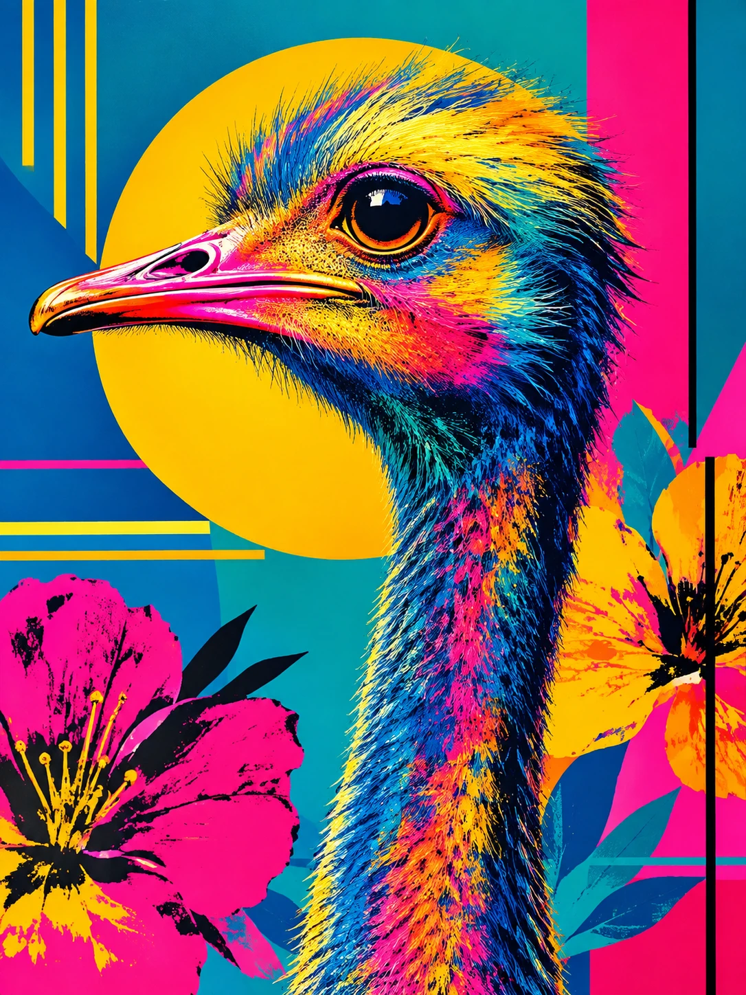 Retrato de avestruz en arte pop neón con perfil lateral equilibrado