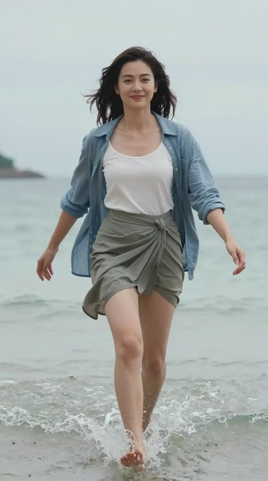 Uma mulher avança chutando a água rasa numa praia tropical