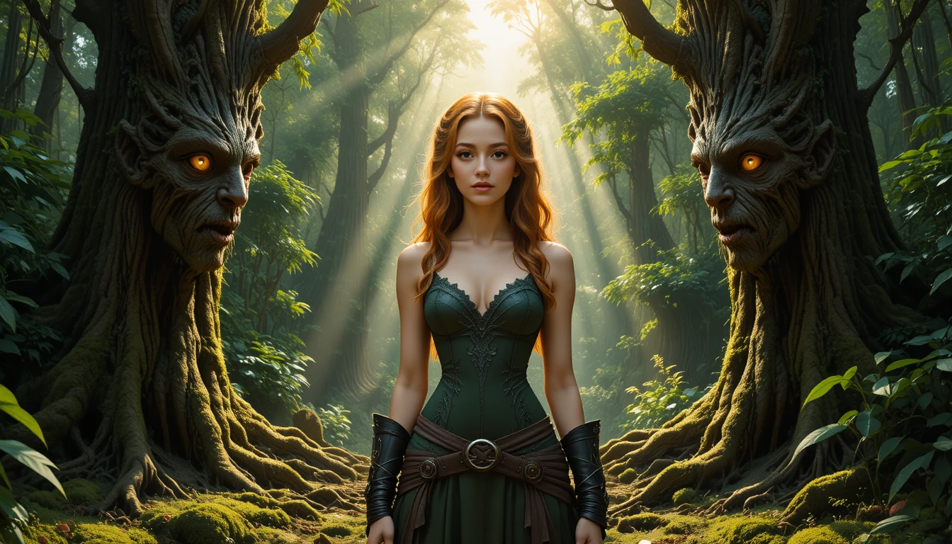 Eine Fantasy-Frau steht zwischen wachsamen Bäumen in einem uralten Wald