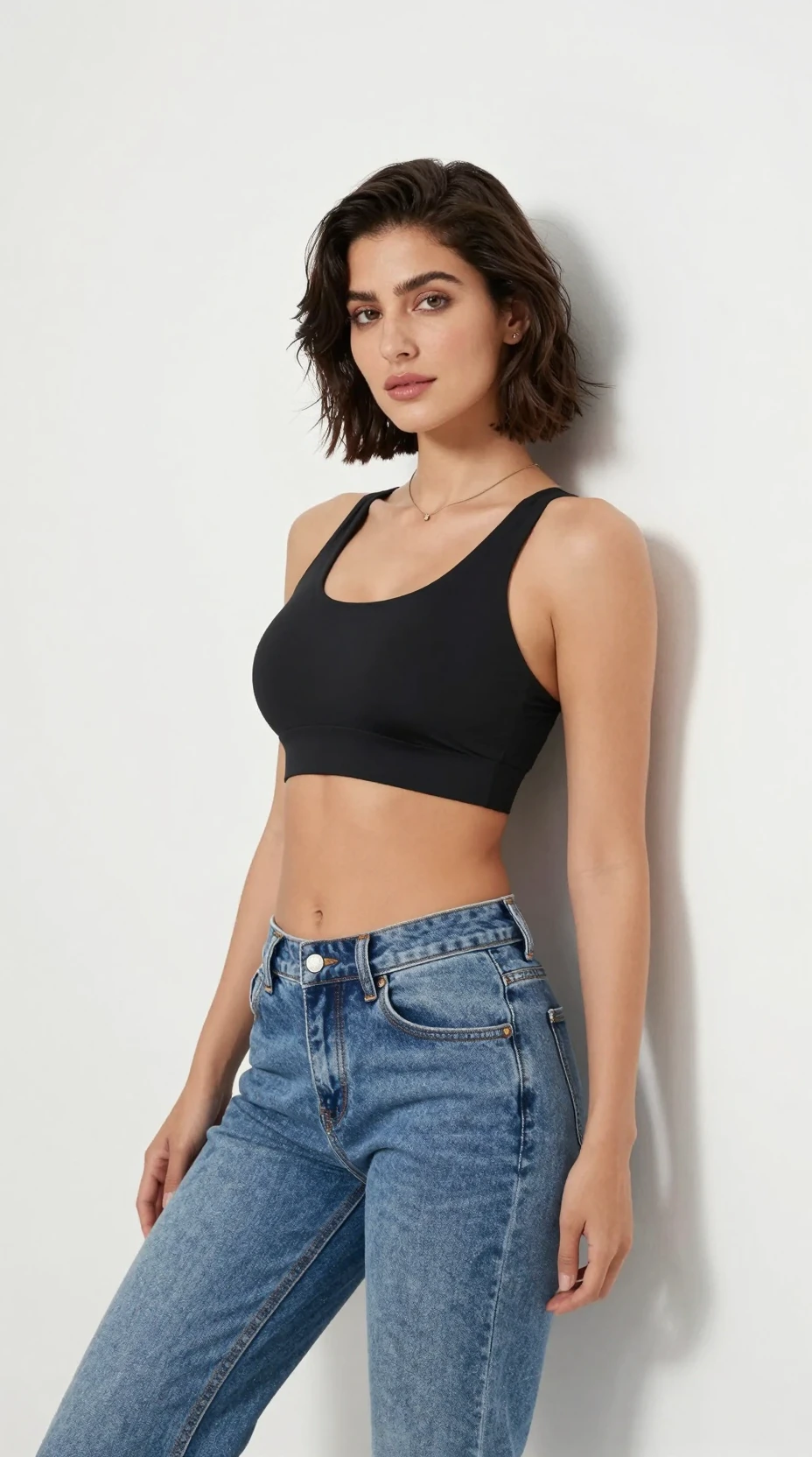 Eine Frau in einem schwarzen Sport-BH und hell ausgewaschenen Jeans lehnt an einer weißen Wand