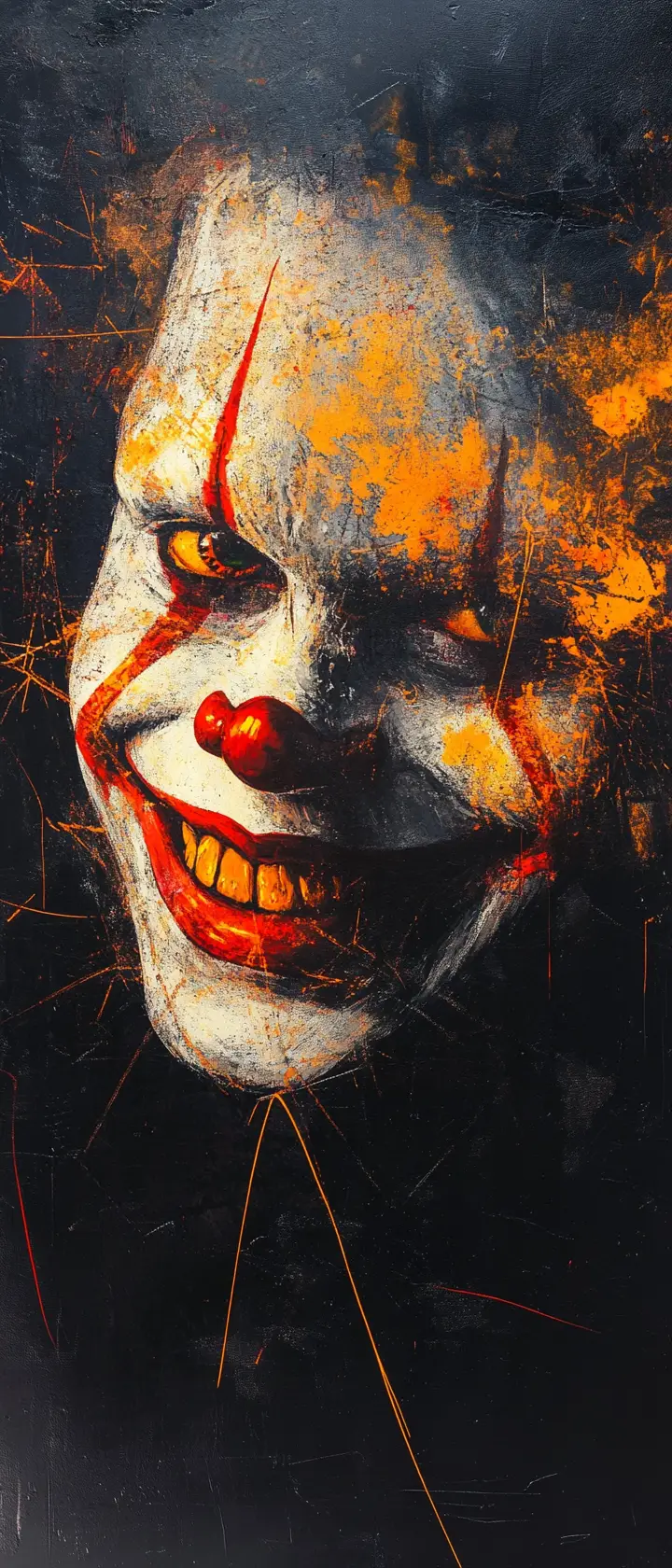 A clown's fragmented smile glows against a deep black void