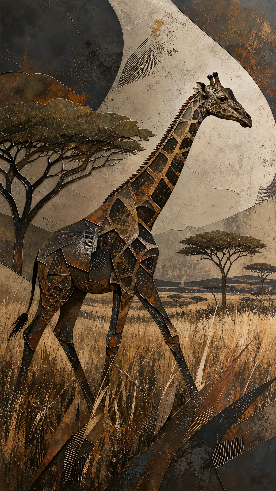 Une girafe traverse la savane parmi les hautes herbes et les acacias