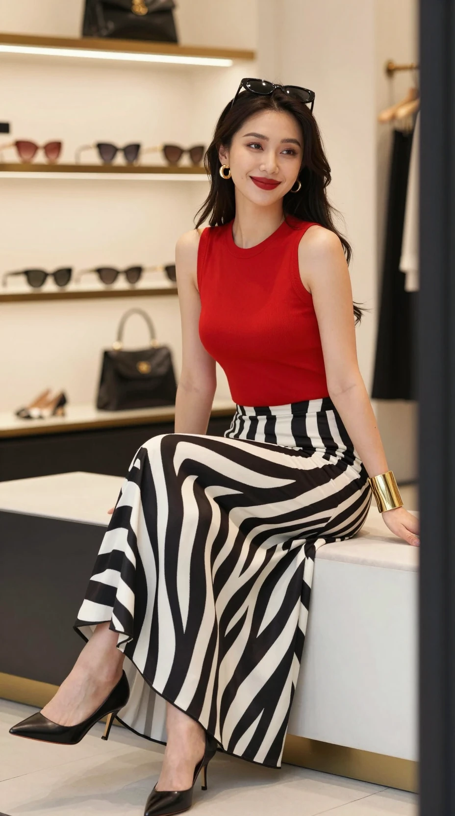 Uma mulher elegante sentada numa boutique com uma saia estampada de zebra