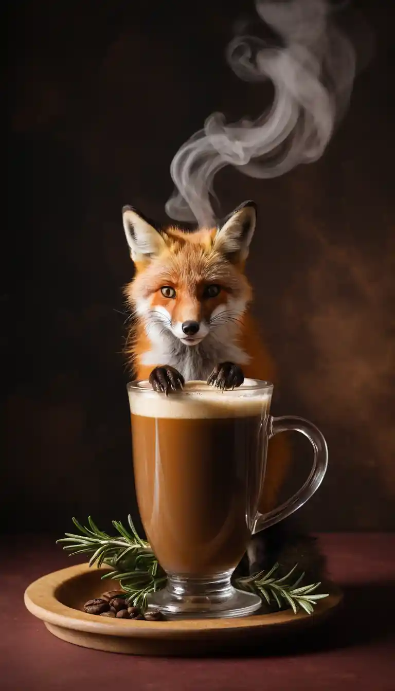 Ein Rotfuchs schlingt seinen Schwanz um ein dampfendes Glas Rosmarinkaffee