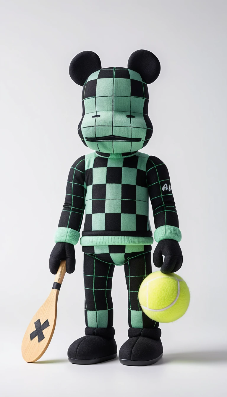 Une mascotte en peluche en forme de cavalier d'échecs tient une raquette de padel dans une pose athlétique