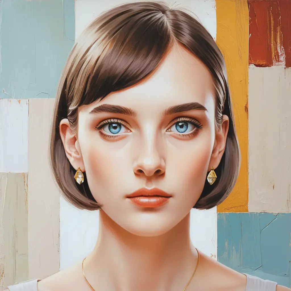 Expressionist portrait of a young woman with pale eyes and crystal earrings