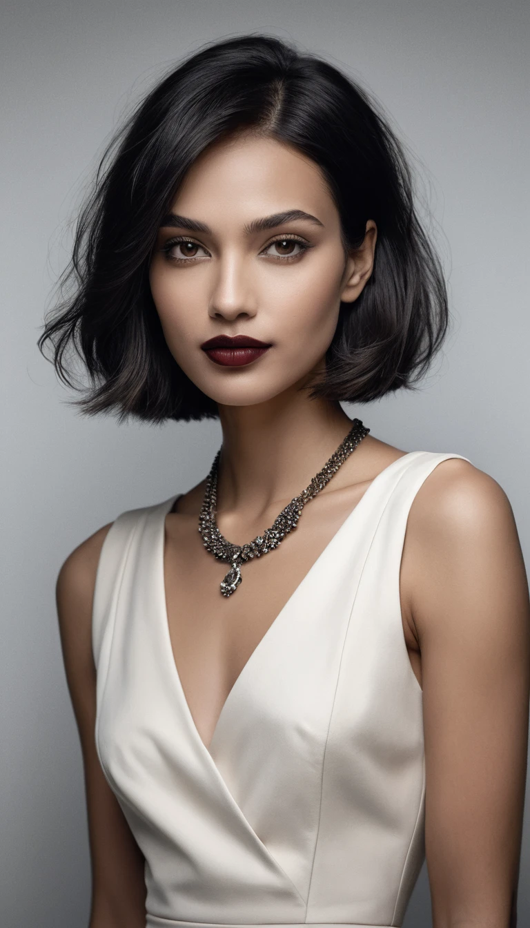 Milady com vestido branco como a neve, cabelo curto preto e batom vinho