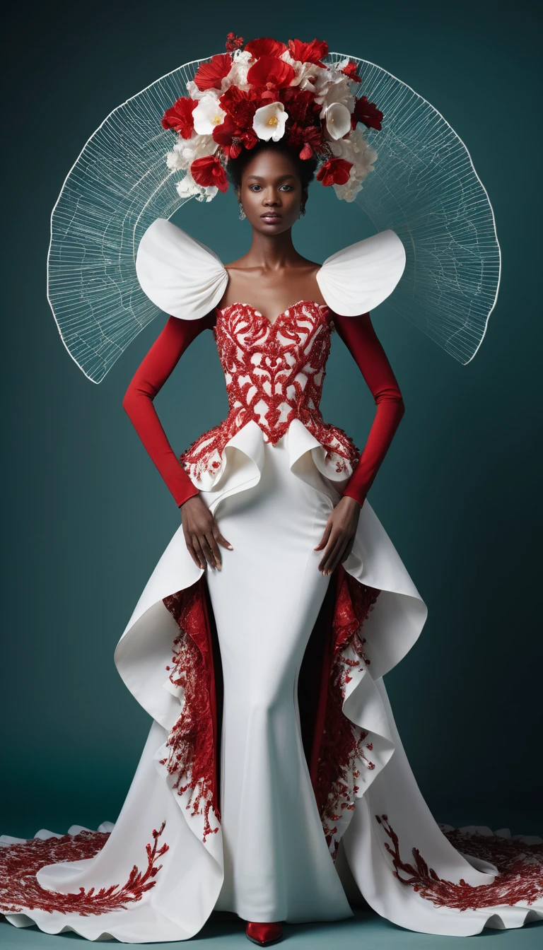 Uma jovem veste um vestido de alta-costura escultural em vermelho-carmesim e branco