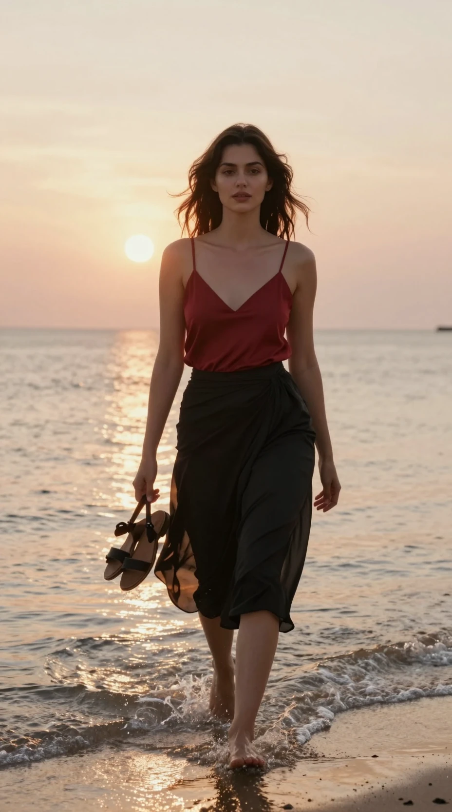 Uma mulher de vermelho caminha pela água rasa do mar na hora dourada