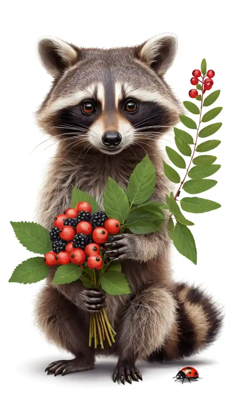 A curious raccoon holds leaves and rowan berries while watching a ladybug