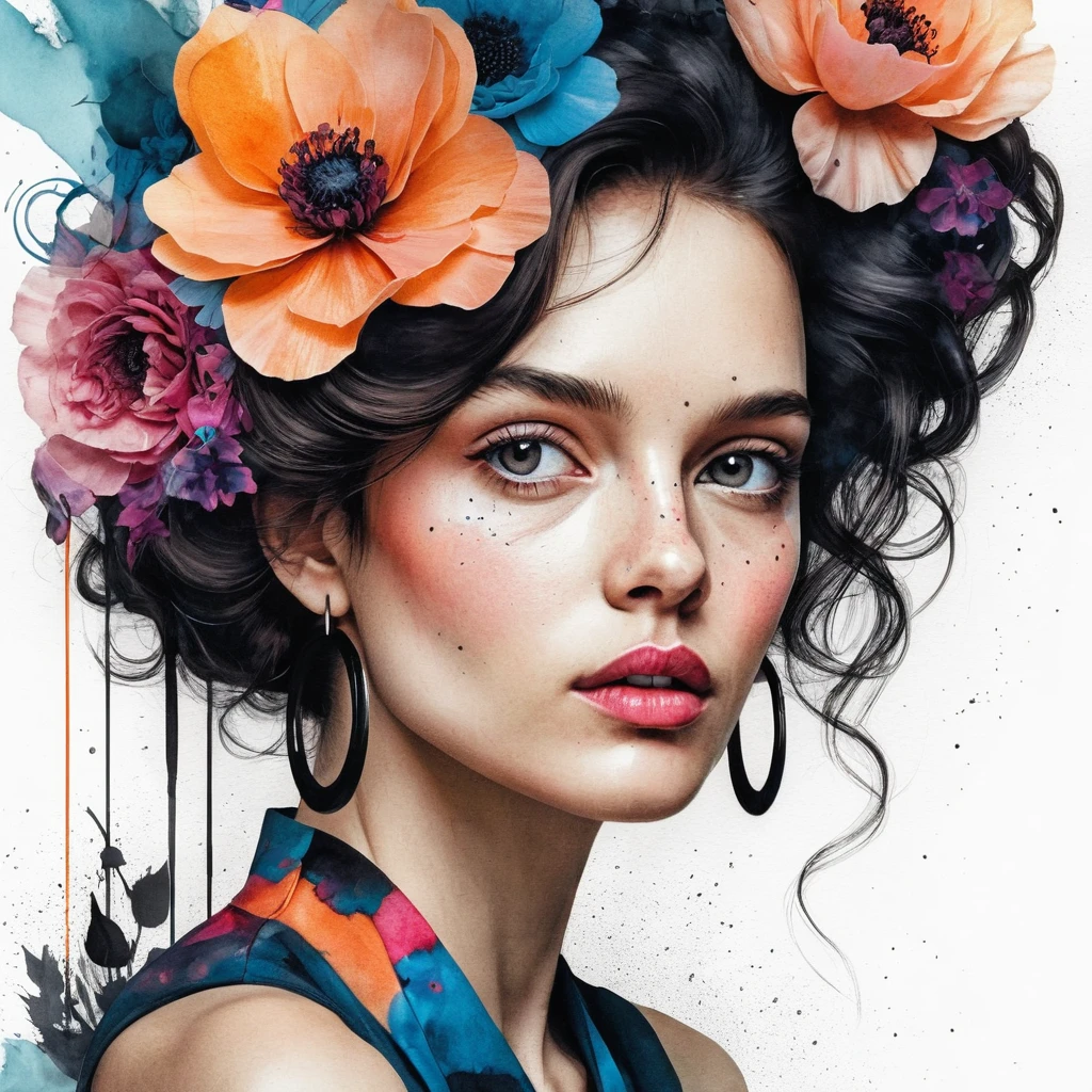 Retrato de moda ilustrado com flores no cabelo e traços marcantes
