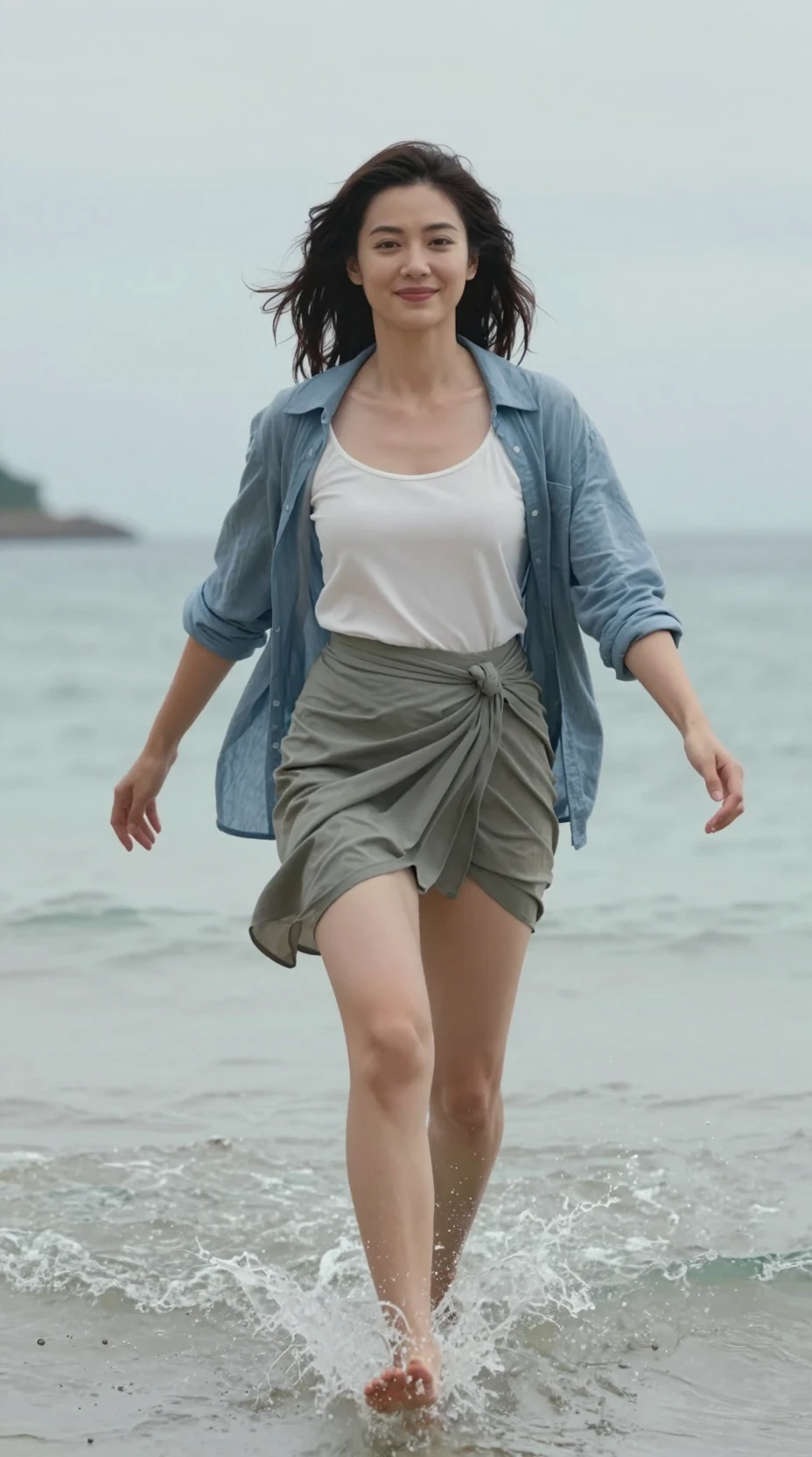 熱帯のビーチで浅瀬の水を蹴りながら進む女性