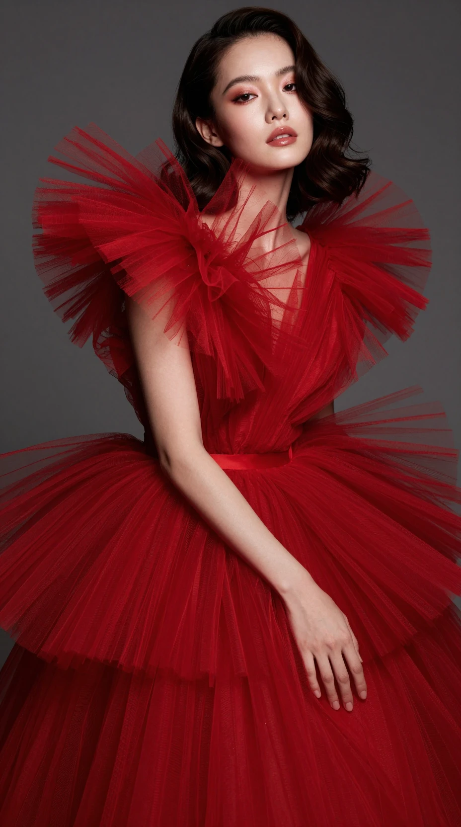 Uma mulher elegante com um volumoso vestido de tule escarlate
