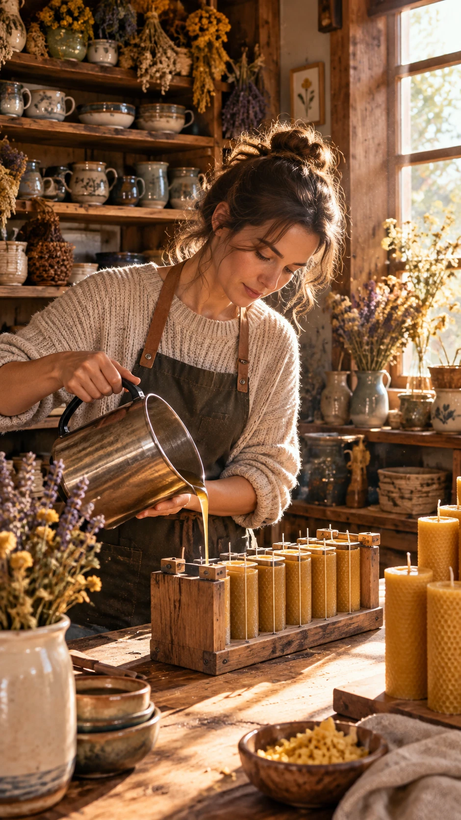Eine handwerklich arbeitende Person gießt goldene Bienenwachskerzen in einer sonnendurchfluteten Werkstatt