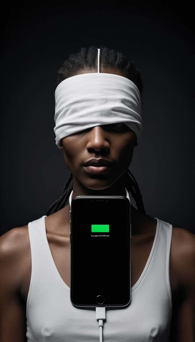 Ein surrealistisches Porträt mit einem über das Gesicht gebundenen Smartphone
