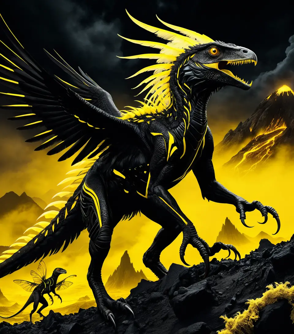 Une horde d'oviraptors néon vole au-dessus de montagnes couvertes de lave