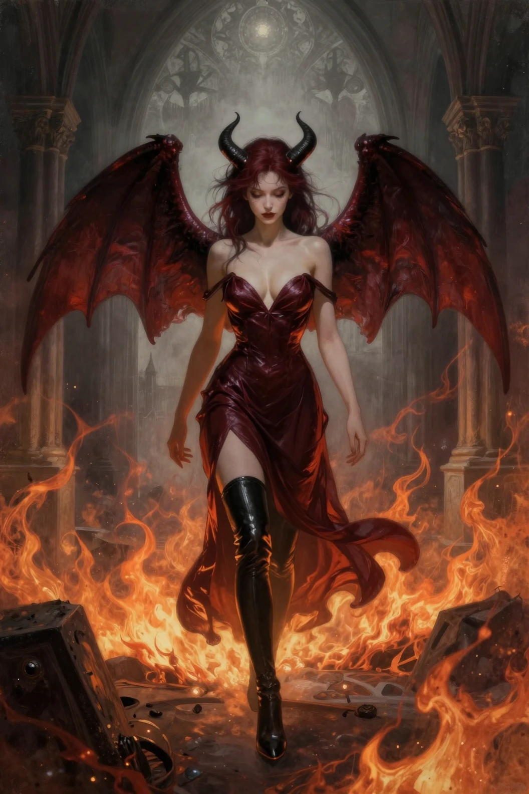 A succubus wanders through a cathedral of flames