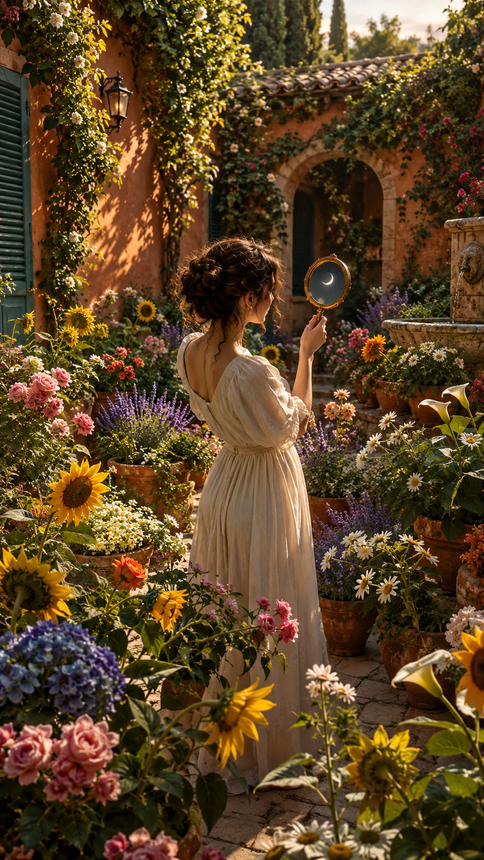 Uma mulher encontra uma lua oculta refletida entre as flores do pátio
