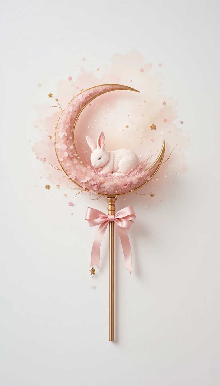 Ein schlafendes rosa Kaninchen kuschelt sich in eine goldene Mondsichel auf einem Zauberstab