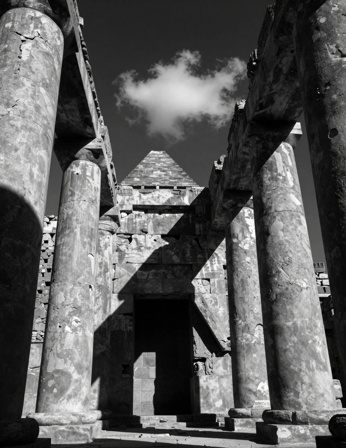 Ancient stone columns rise beneath a brooding sky in monochrome