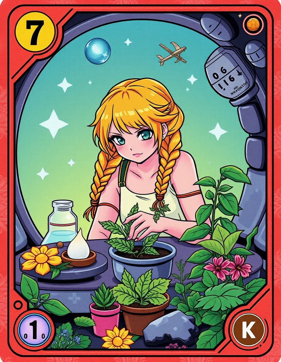 A pixel art girl with a lemon-yellow braid gathers herbs inside a space habitat