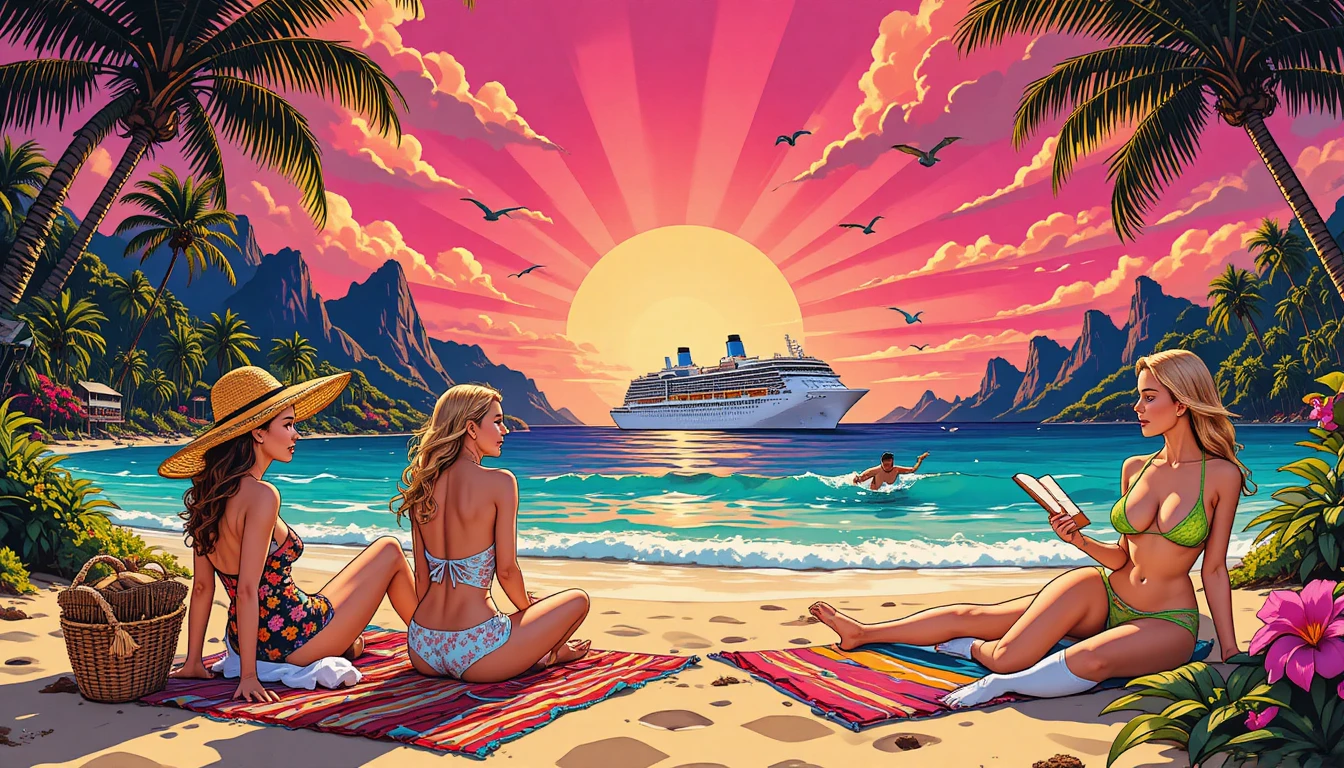 Frauen sonnen sich am tropischen Meer unter einem feurigen Sonnenuntergang