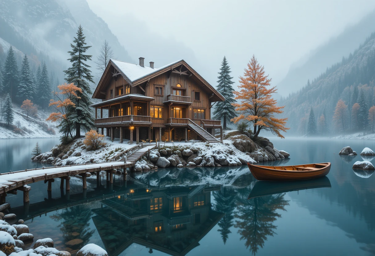A warmly lit wooden chalet beside a misty mountain lake