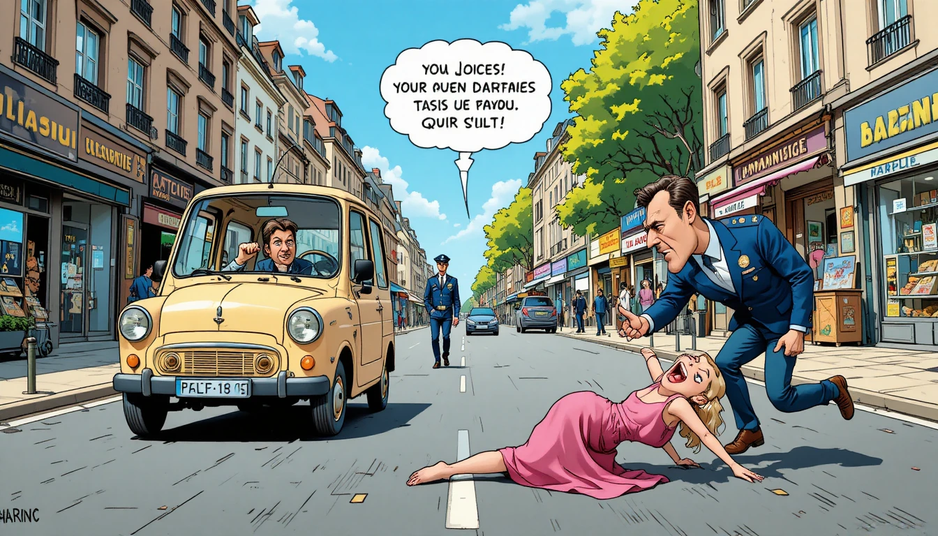 Um cão antropomórfico sorridente dirige um conversível por uma rua comercial francesa