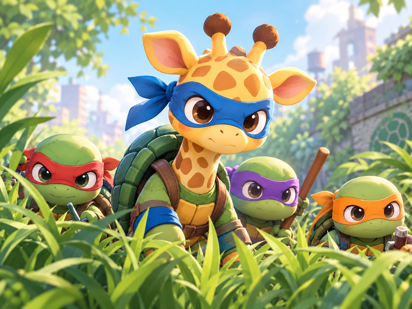 Uma girafa com roupa de ninja com tema de tartaruga espera à espreita