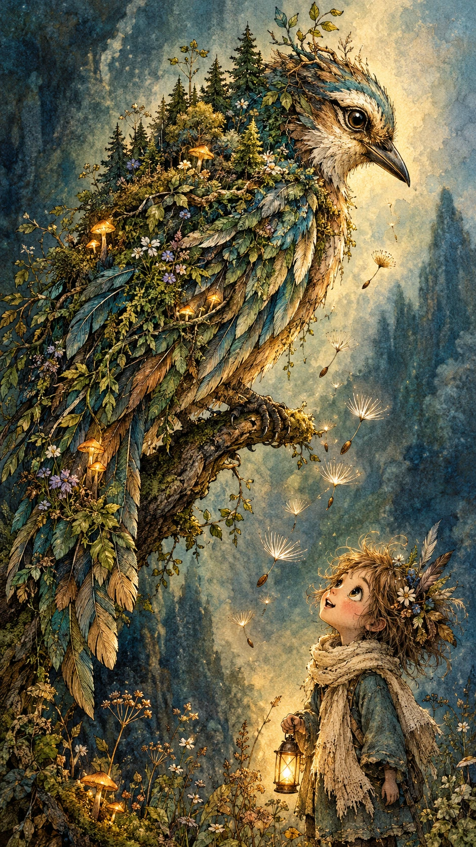 A woodland bird perches with a tiny forest growing from its feathers