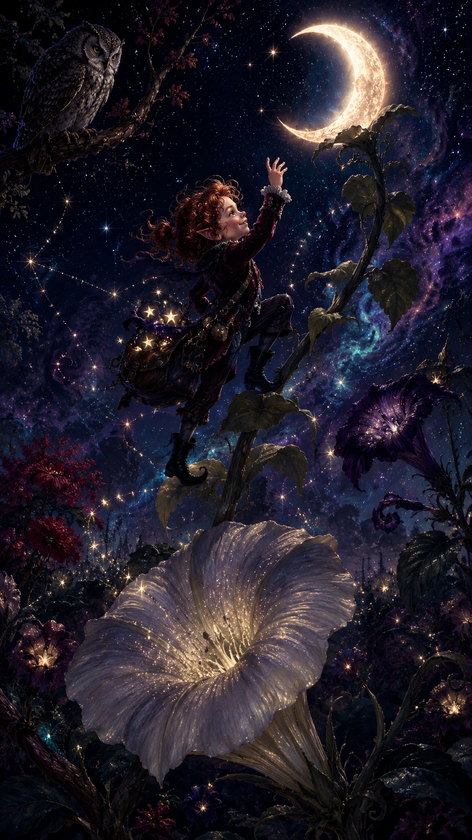 Un voleur féerique escalade une fleur de lune en direction d'un croissant de lune