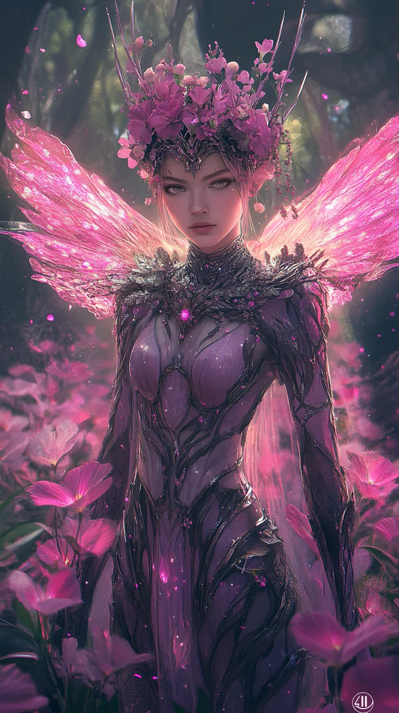 Uma mulher de fantasia com armadura floral entre flores luminosas